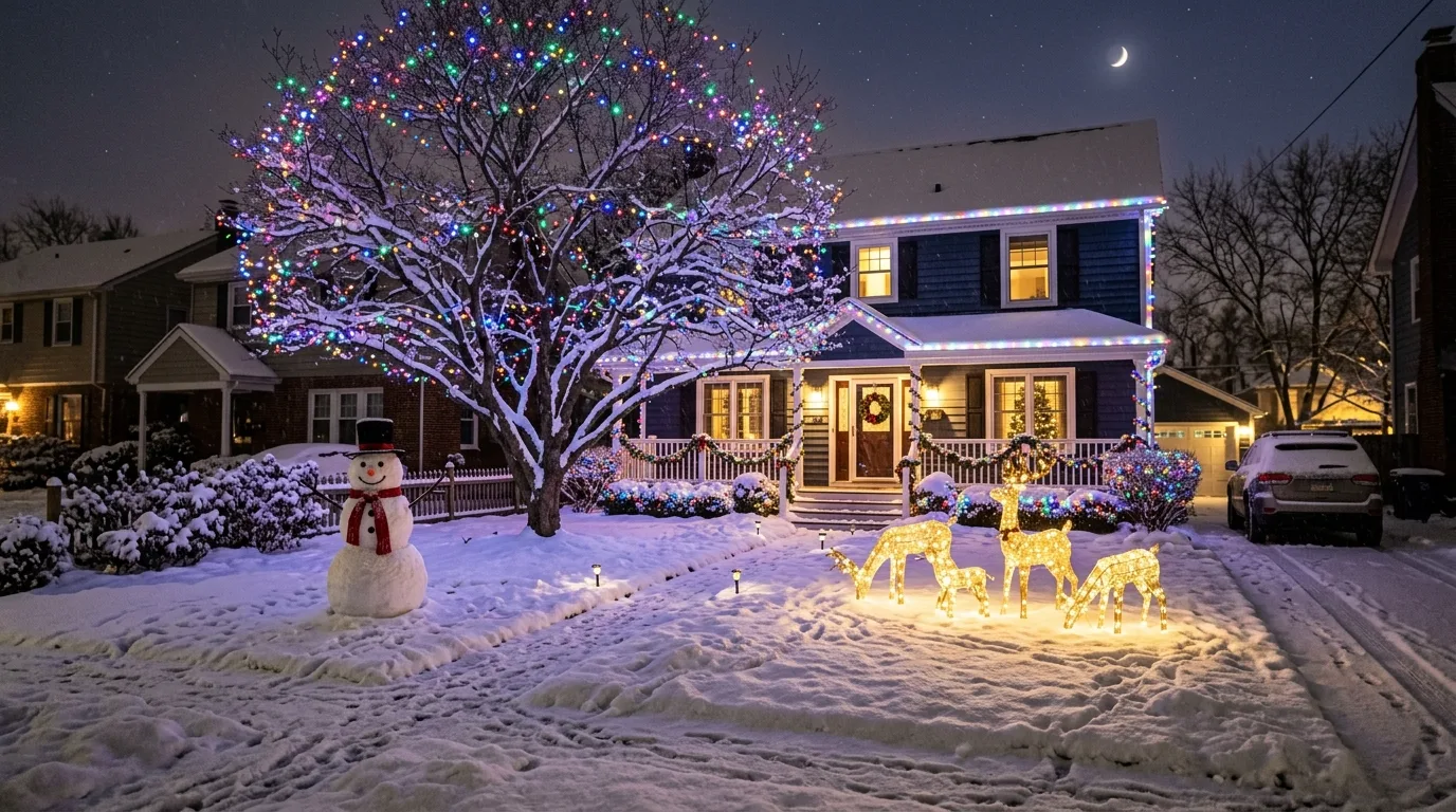 Front Yard With Snowman and Reindeer Figures